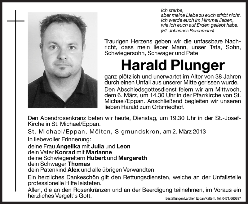  Traueranzeige für Harald Plunger vom 05.03.2013 aus Dolomiten