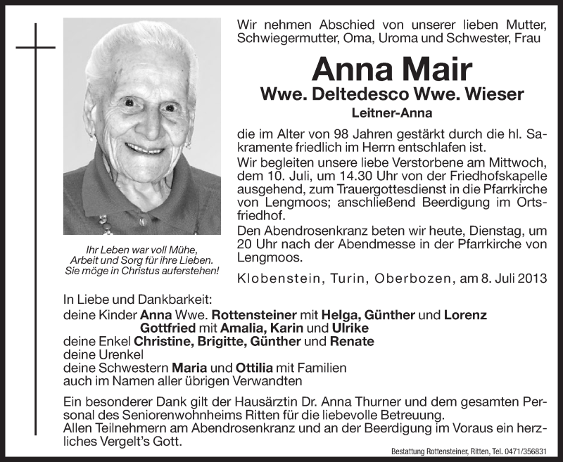  Traueranzeige für Anna Wieser vom 09.07.2013 aus Dolomiten