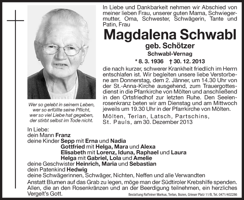  Traueranzeige für Magdalena Schwabl vom 31.12.2013 aus Dolomiten