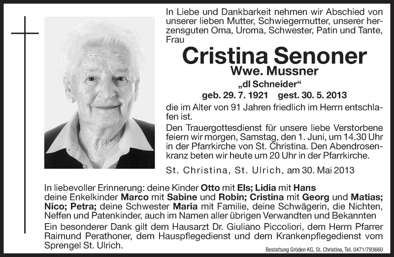  Traueranzeige für Cristina Senoner vom 31.05.2013 aus Dolomiten