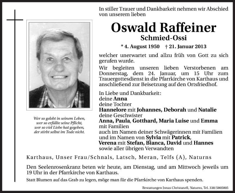  Traueranzeige für Oswald Raffeiner vom 22.01.2013 aus Dolomiten