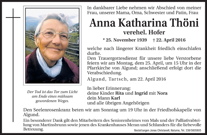  Traueranzeige für Anna Katharina Hofer vom 23.04.2016 aus Dolomiten