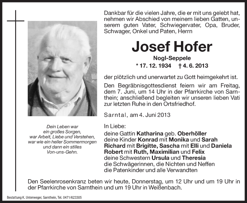  Traueranzeige für Josef Hofer vom 06.06.2013 aus Dolomiten