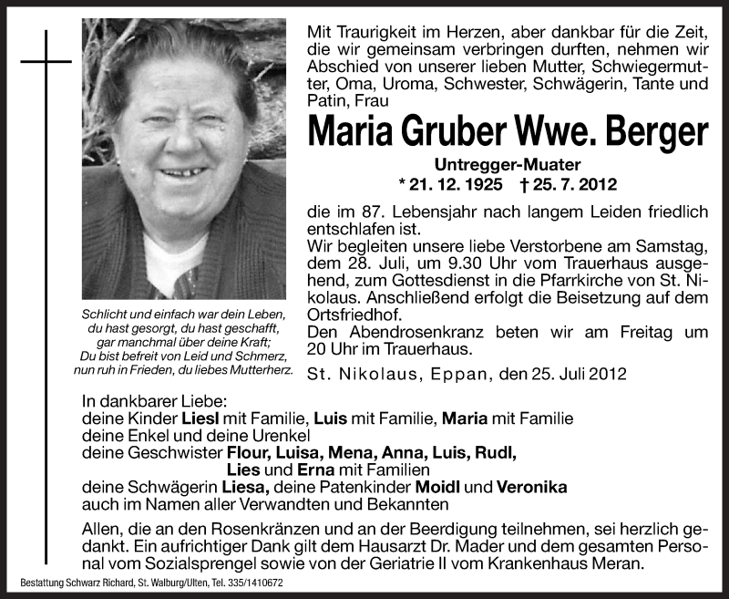  Traueranzeige für Maria Berger vom 27.07.2012 aus Dolomiten