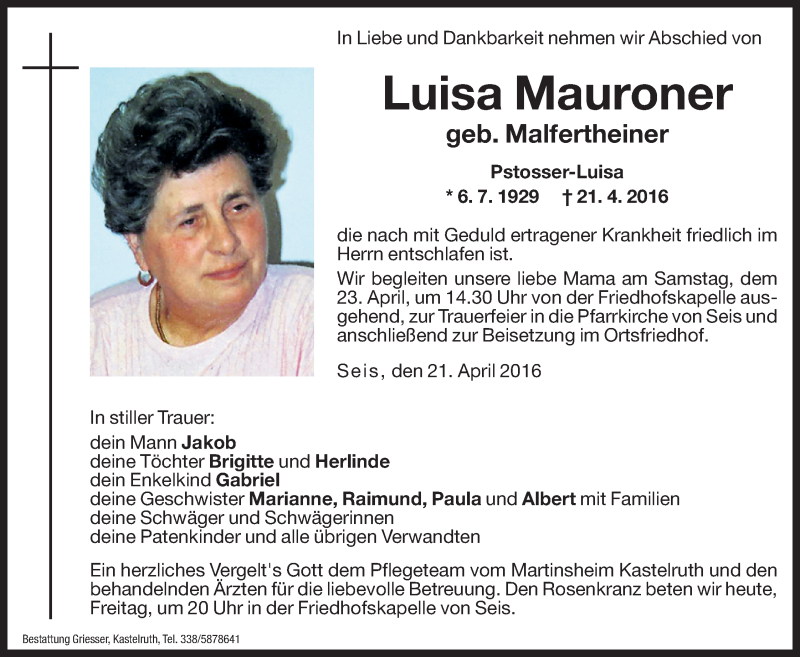  Traueranzeige für Luisa Mauroner vom 22.04.2016 aus Dolomiten