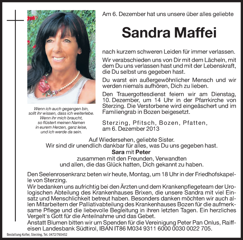  Traueranzeige für Sandra Maffei vom 09.12.2013 aus Dolomiten