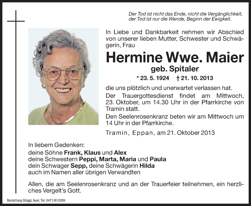  Traueranzeige für Hermine Maier vom 22.10.2013 aus Dolomiten