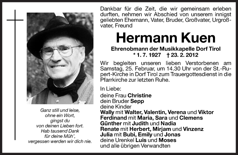  Traueranzeige für Hermann Kuen vom 25.02.2012 aus Dolomiten