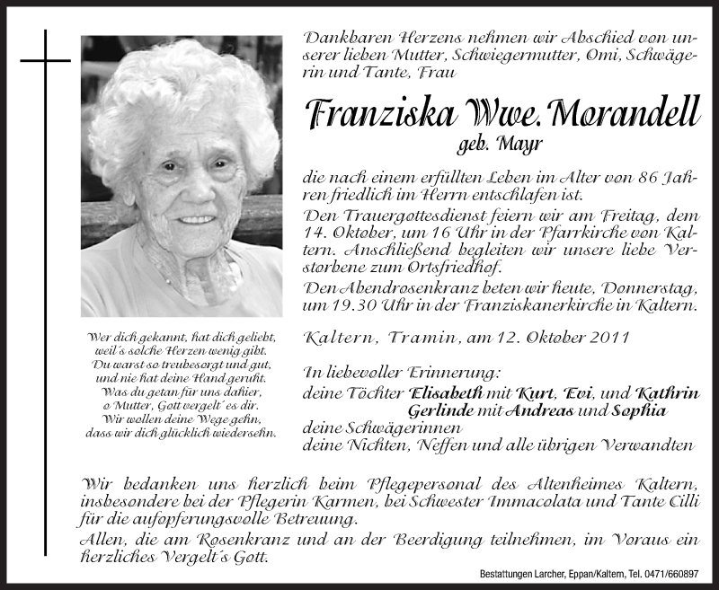  Traueranzeige für Franziska Morandell vom 13.10.2011 aus Dolomiten