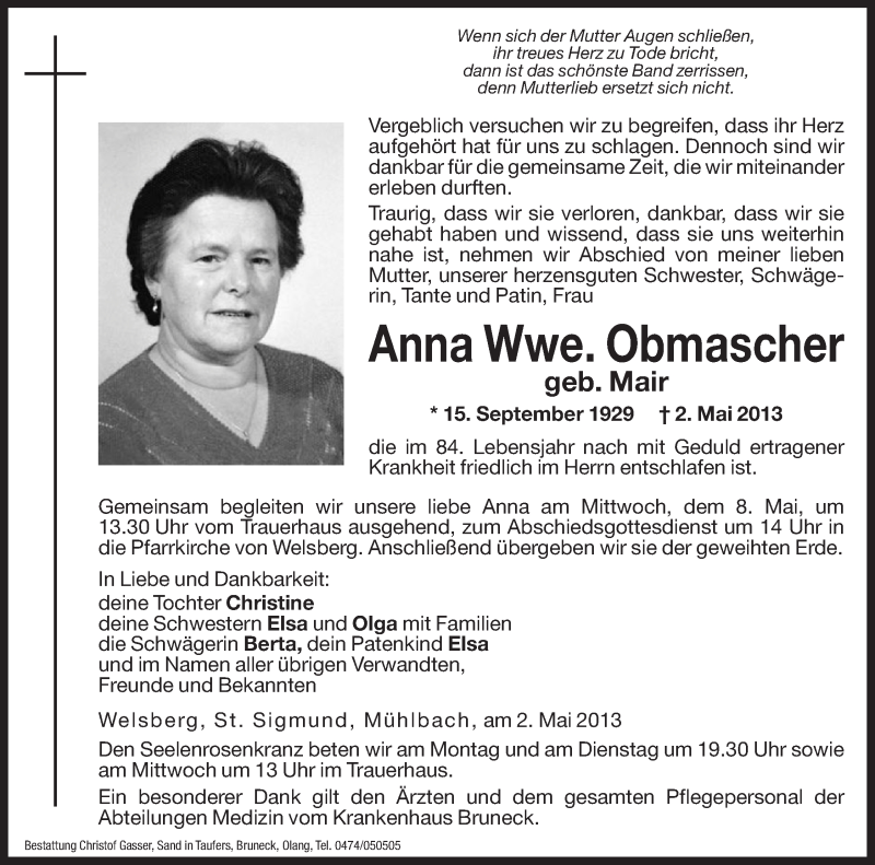  Traueranzeige für Anna Obmascher vom 06.05.2013 aus Dolomiten