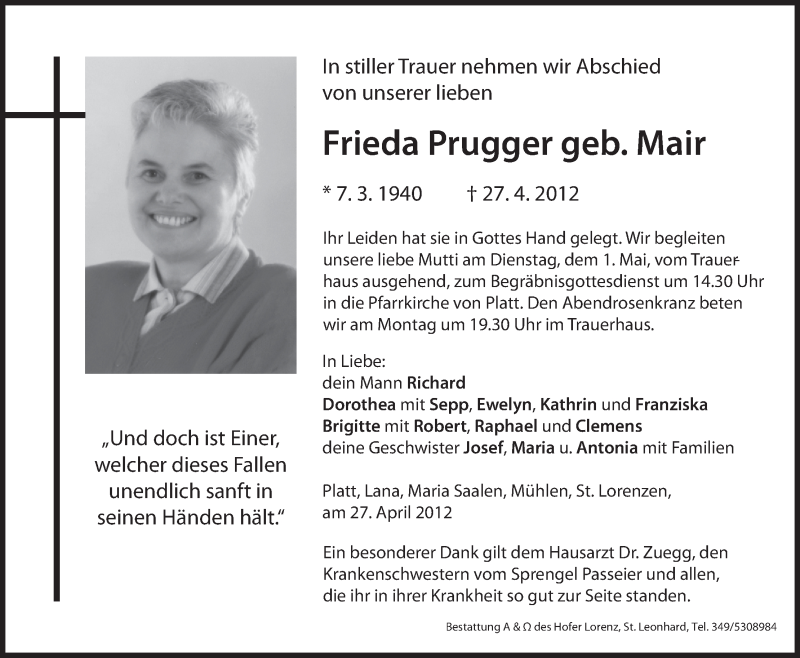  Traueranzeige für Frieda Prugger vom 30.04.2012 aus Dolomiten