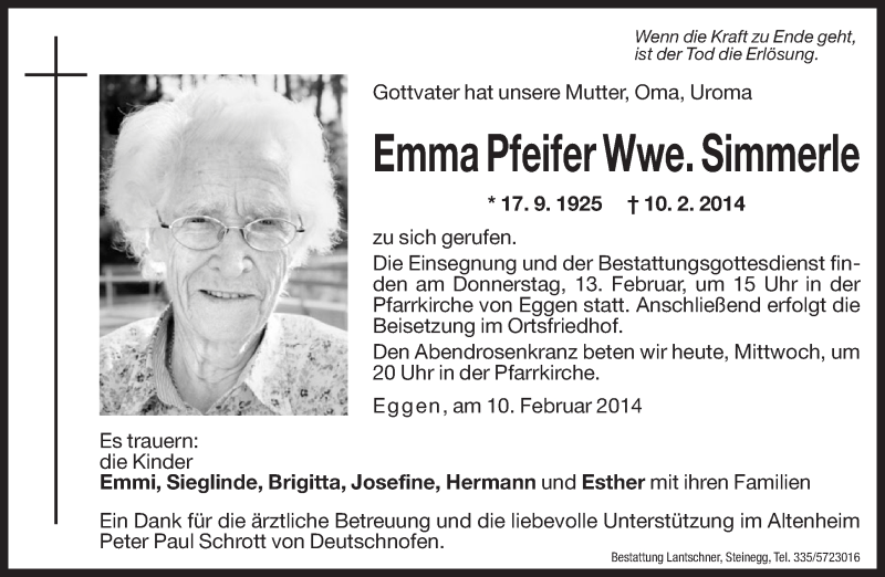  Traueranzeige für Emma Simmerle vom 12.02.2014 aus Dolomiten