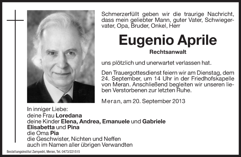  Traueranzeige für Eugenio Aprile vom 23.09.2013 aus Dolomiten