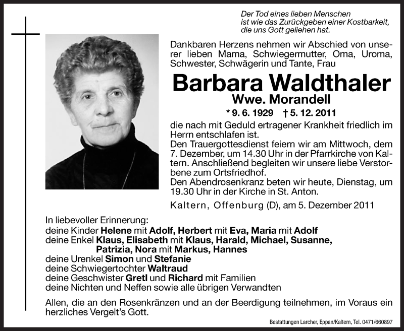  Traueranzeige für Barbara Morandell vom 06.12.2011 aus Dolomiten