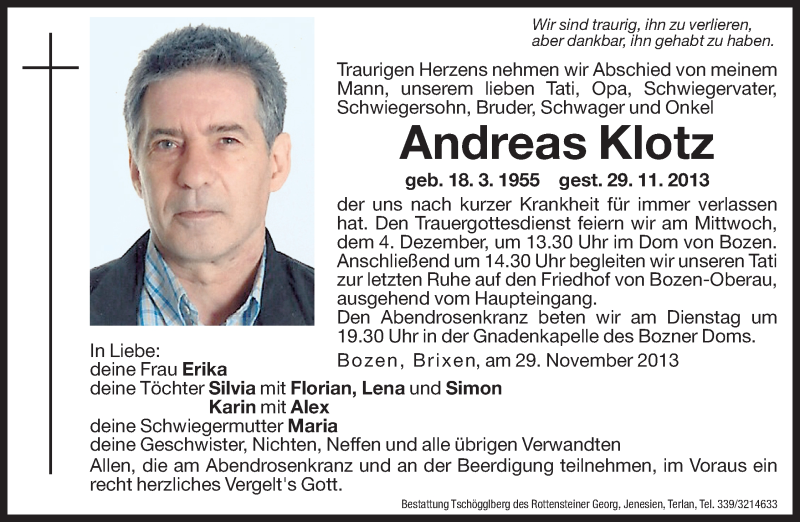  Traueranzeige für Andreas Klotz vom 02.12.2013 aus Dolomiten