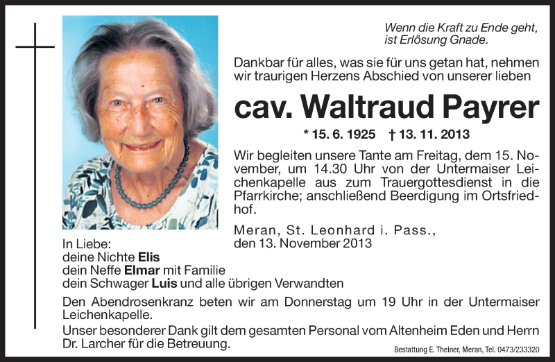  Traueranzeige für Waltraud Payrer vom 14.11.2013 aus Dolomiten