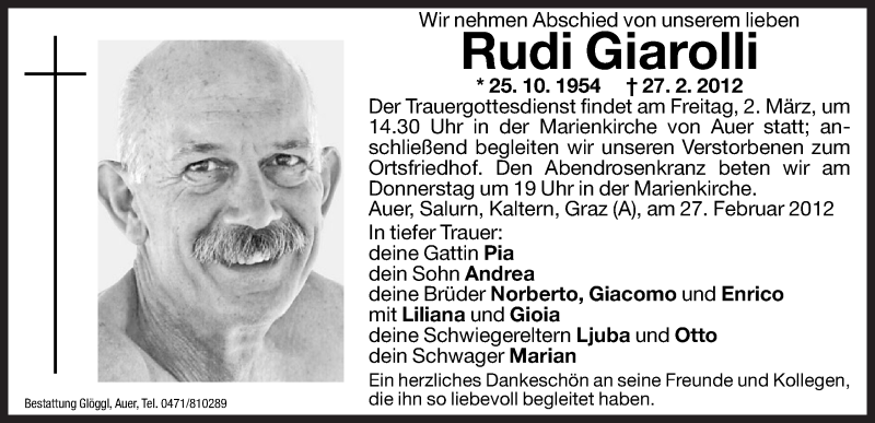  Traueranzeige für Rudi Giarolli vom 29.02.2012 aus Dolomiten