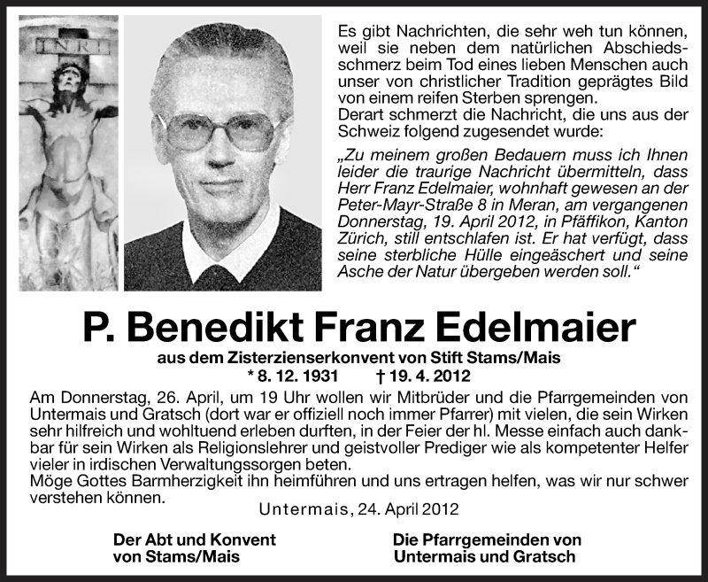  Traueranzeige für P. Benedikt Franz Edelmaier vom 26.04.2012 aus Dolomiten