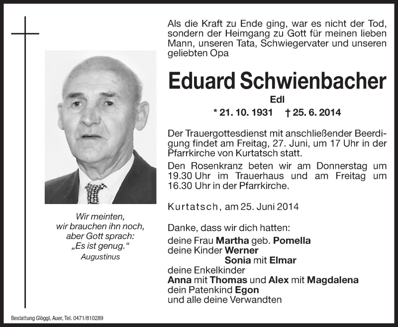  Traueranzeige für Eduard Schwienbacher vom 26.06.2014 aus Dolomiten