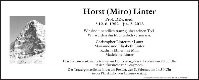  Traueranzeige für Horst (Miro) Linter vom 06.02.2013 aus Dolomiten