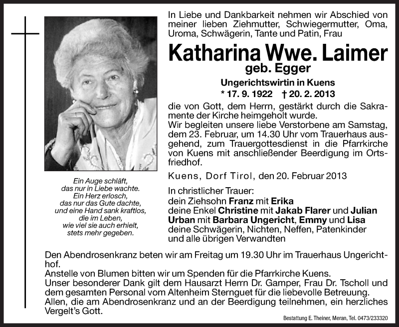  Traueranzeige für Katharina Laimer vom 22.02.2013 aus Dolomiten