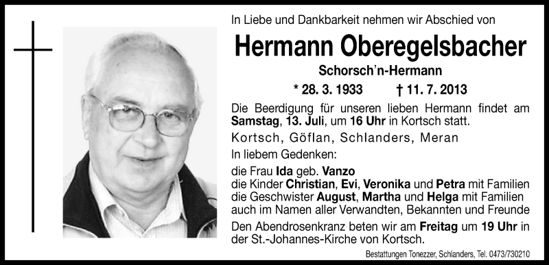  Traueranzeige für Hermann Oberegelsbacher vom 12.07.2013 aus Dolomiten