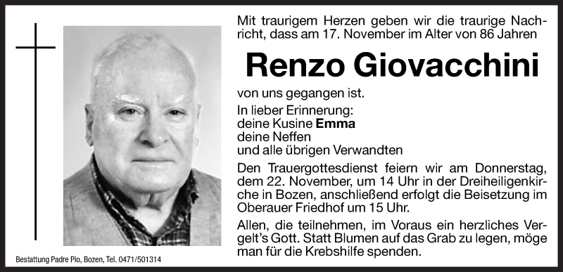  Traueranzeige für Renzo Giovacchini vom 21.11.2012 aus Dolomiten