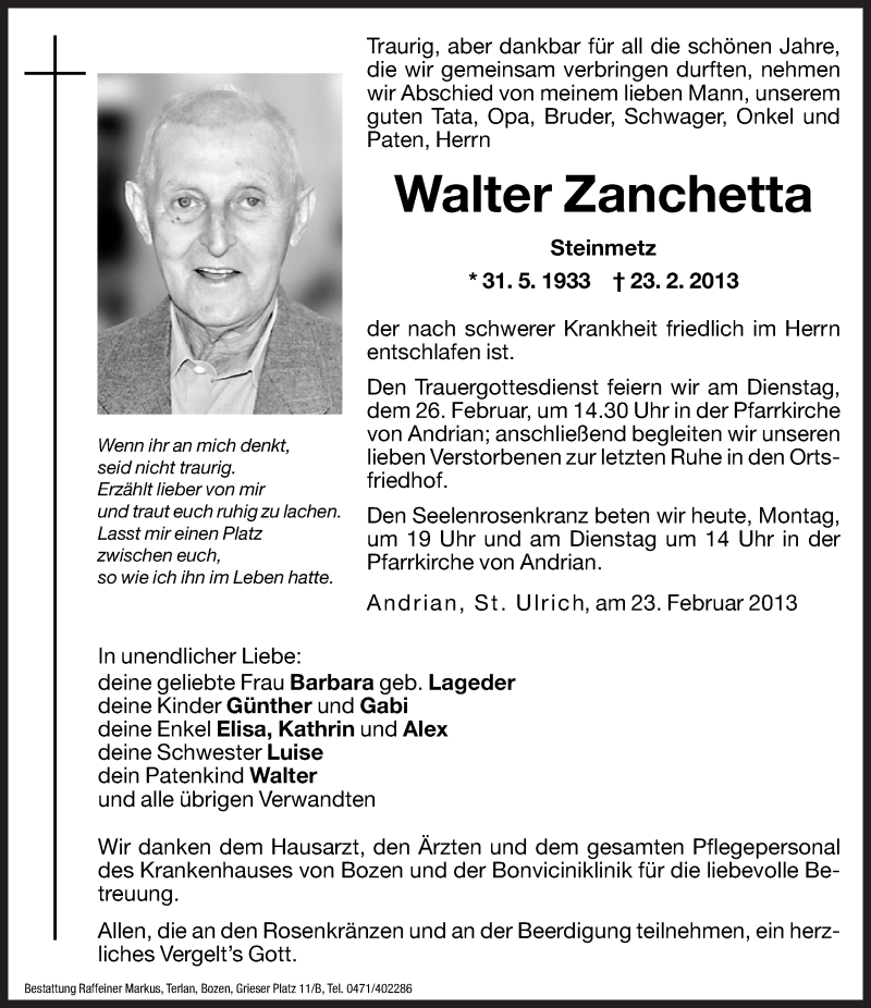  Traueranzeige für Walter Zanchetta vom 25.02.2013 aus Dolomiten