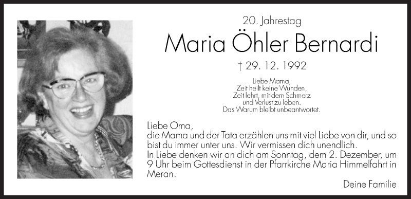  Traueranzeige für Maria Öhler Bernardi vom 01.12.2012 aus Dolomiten