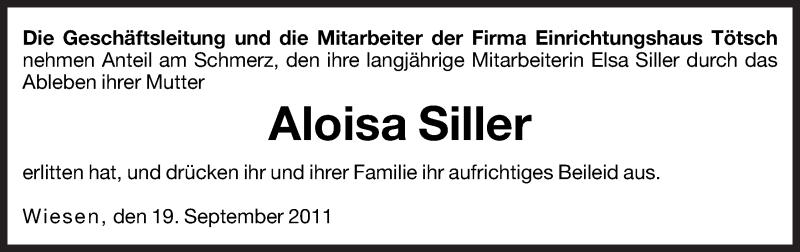  Traueranzeige für Aloisa Siller vom 19.09.2011 aus Dolomiten