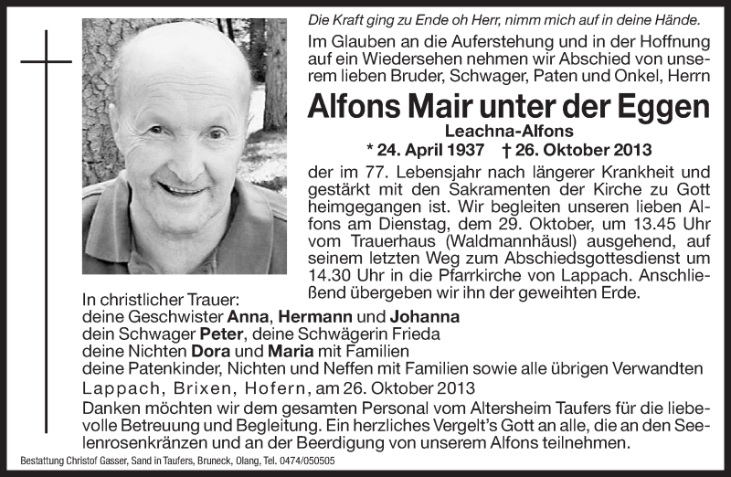  Traueranzeige für Alfons Mair unter der Eggen vom 28.10.2013 aus Dolomiten