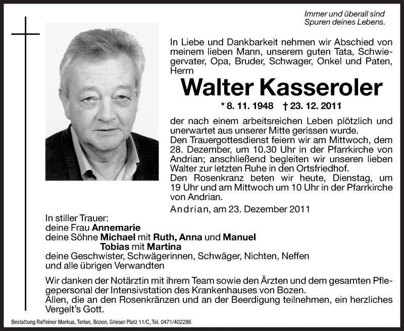  Traueranzeige für Walter Kasseroler vom 27.12.2011 aus Dolomiten