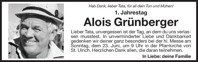  Traueranzeige für Alois Grünberger vom 21.06.2013 aus Dolomiten