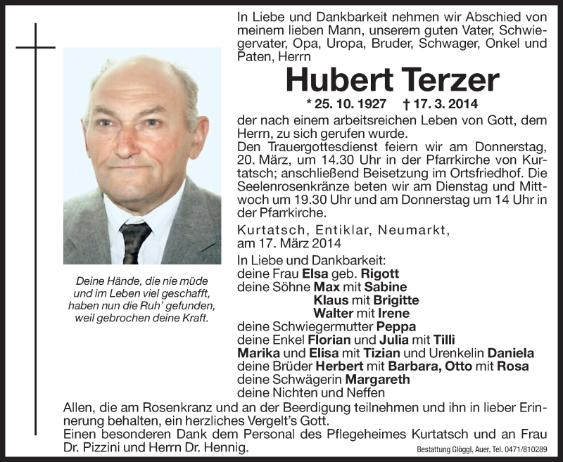  Traueranzeige für Hubert Terzer vom 18.03.2014 aus Dolomiten