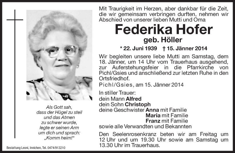  Traueranzeige für Federika Hofer vom 17.01.2014 aus Dolomiten