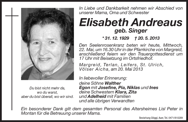  Traueranzeige für Elisabeth Andreaus vom 22.05.2013 aus Dolomiten