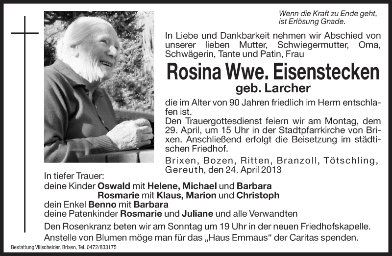  Traueranzeige für Rosina Eisenstecken vom 26.04.2013 aus Dolomiten