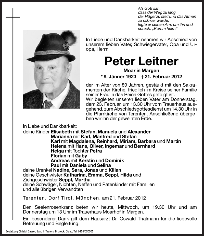  Traueranzeige für Peter Leitner vom 22.02.2012 aus Dolomiten