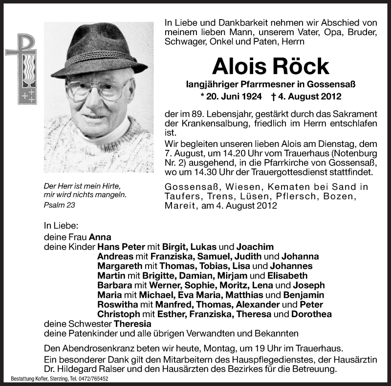  Traueranzeige für Alois Röck vom 06.08.2012 aus Dolomiten