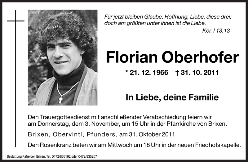  Traueranzeige für Florian Oberhofer vom 11.02.2011 aus Dolomiten