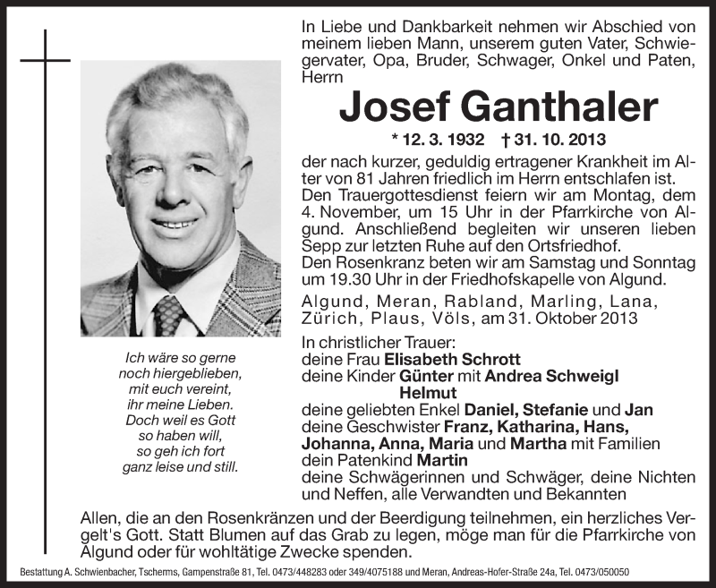  Traueranzeige für Josef Ganthaler vom 02.11.2013 aus Dolomiten