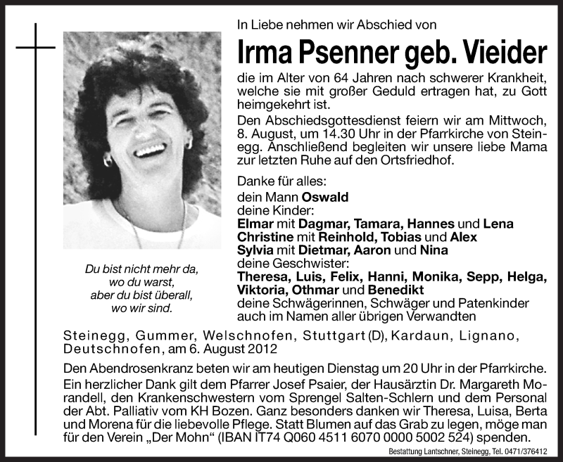  Traueranzeige für Irma Psenner vom 07.08.2012 aus Dolomiten