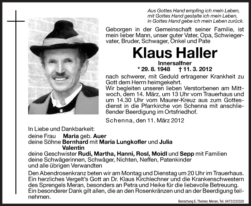  Traueranzeige für Klaus Haller vom 12.03.2012 aus Dolomiten