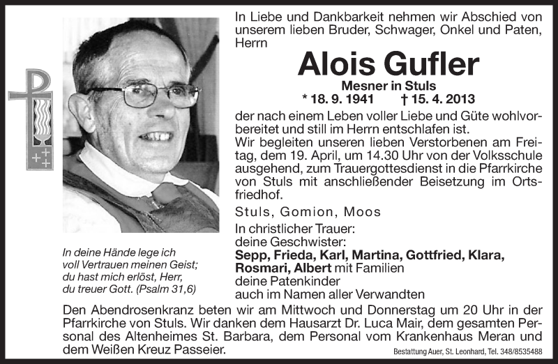  Traueranzeige für Alois Gufler vom 17.04.2013 aus Dolomiten