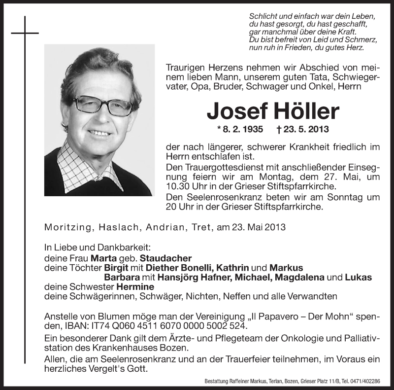  Traueranzeige für Josef Höller vom 25.05.2013 aus Dolomiten