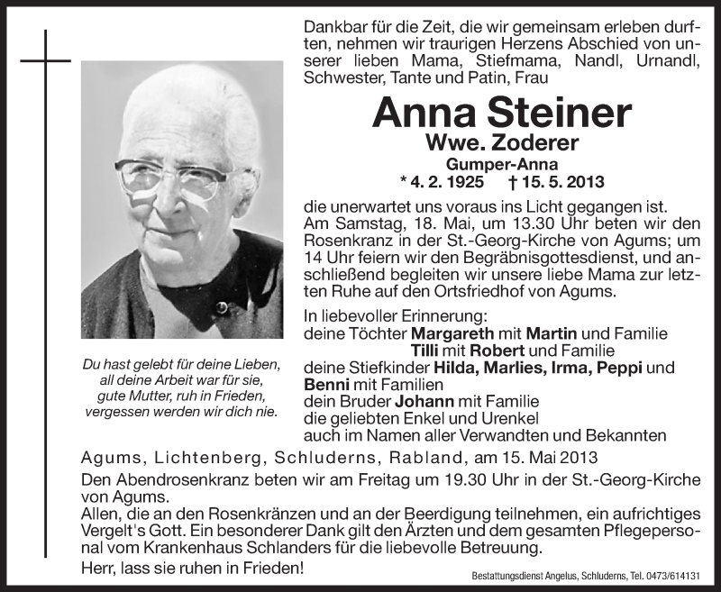  Traueranzeige für Anna Zoderer vom 17.05.2013 aus Dolomiten