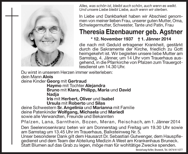  Traueranzeige für Theresia Elzenbaumer vom 02.01.2014 aus Dolomiten