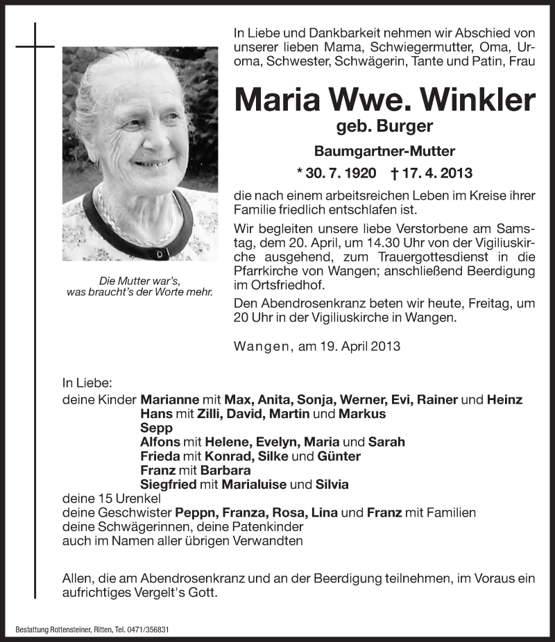  Traueranzeige für Maria Winkler vom 19.04.2013 aus Dolomiten