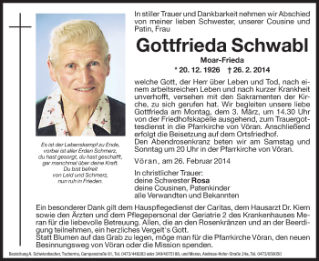 Traueranzeige von Gottfrieda Schwabl von Dolomiten