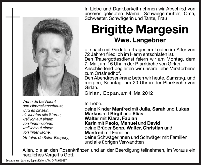  Traueranzeige für Brigitte Langebner vom 05.05.2012 aus Dolomiten